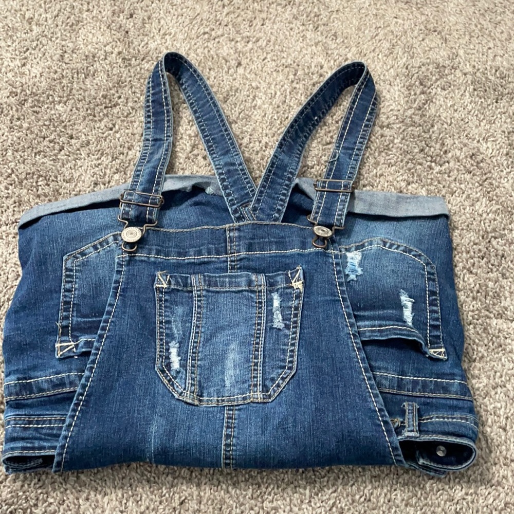 Dark denim stretch overalls